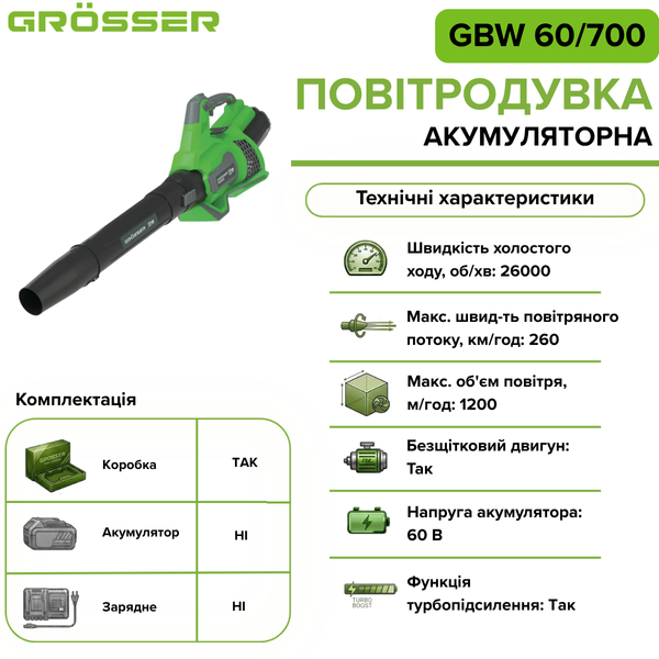 Аккумуляторная воздуходувка Grosser GBW 60/700 G0374 фото