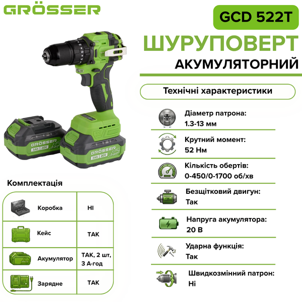 Ударний акумуляторний шуруповерт Grosser GCD 522T G0104 фото