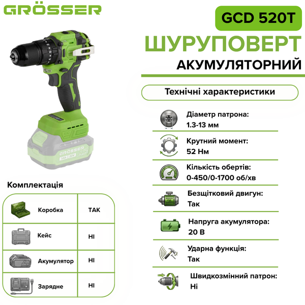 Ударный шуруповерт аккумуляторный Grosser GCD 520T(каркас) G0105 фото