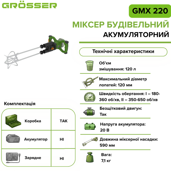 Міксер будівельний акумуляторний Grosser GMX 220(без АКБ) G0277 фото